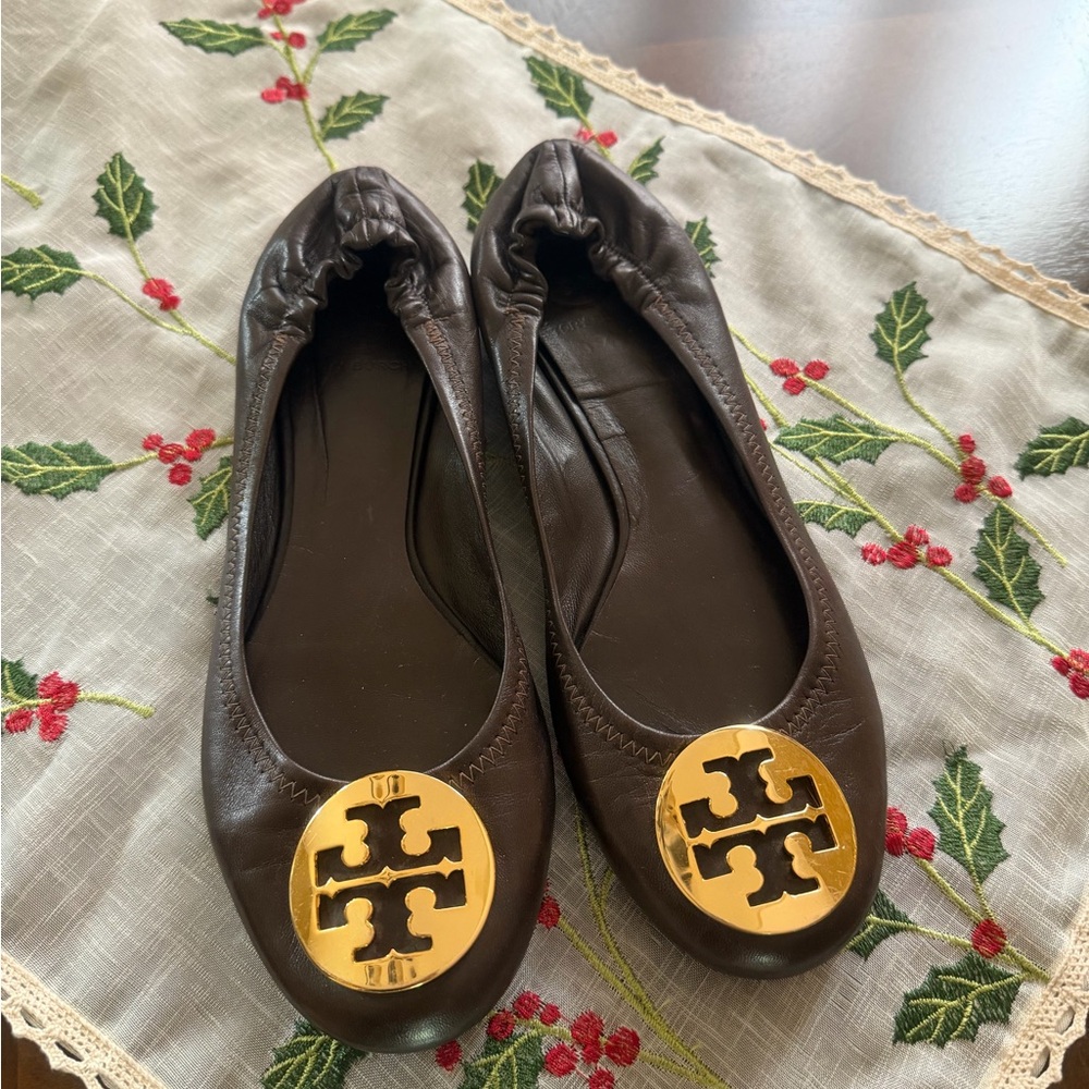 Tory Burch Dark Brown Leather Flats with Gold Emblem